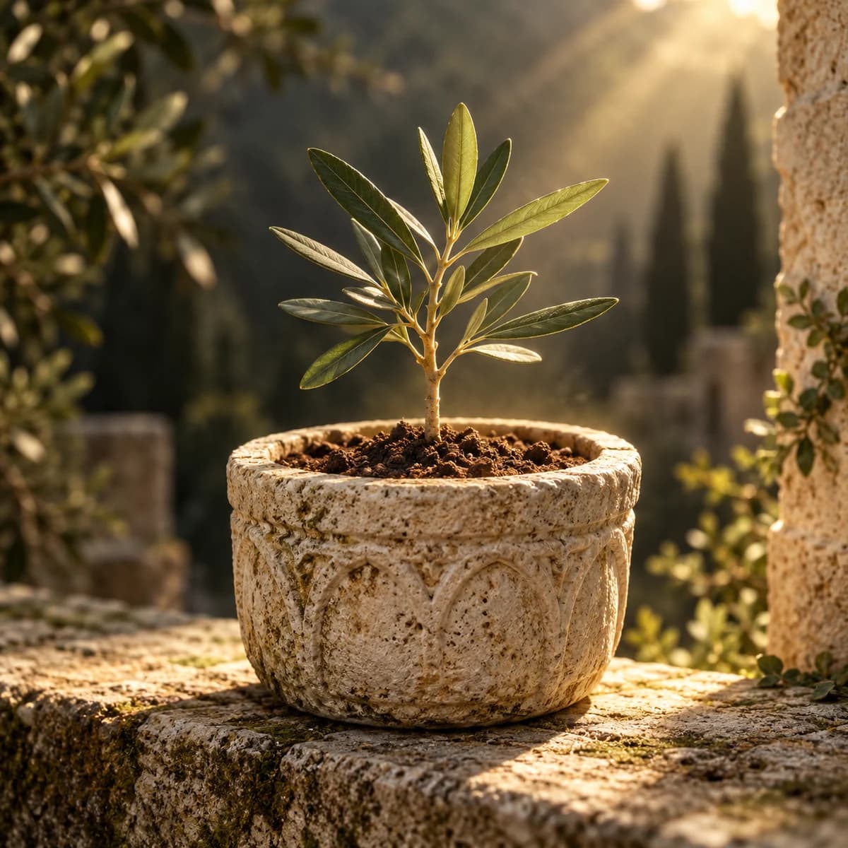 An olive seedling growing in a limestone planter, symbolizing the start of meaningful support